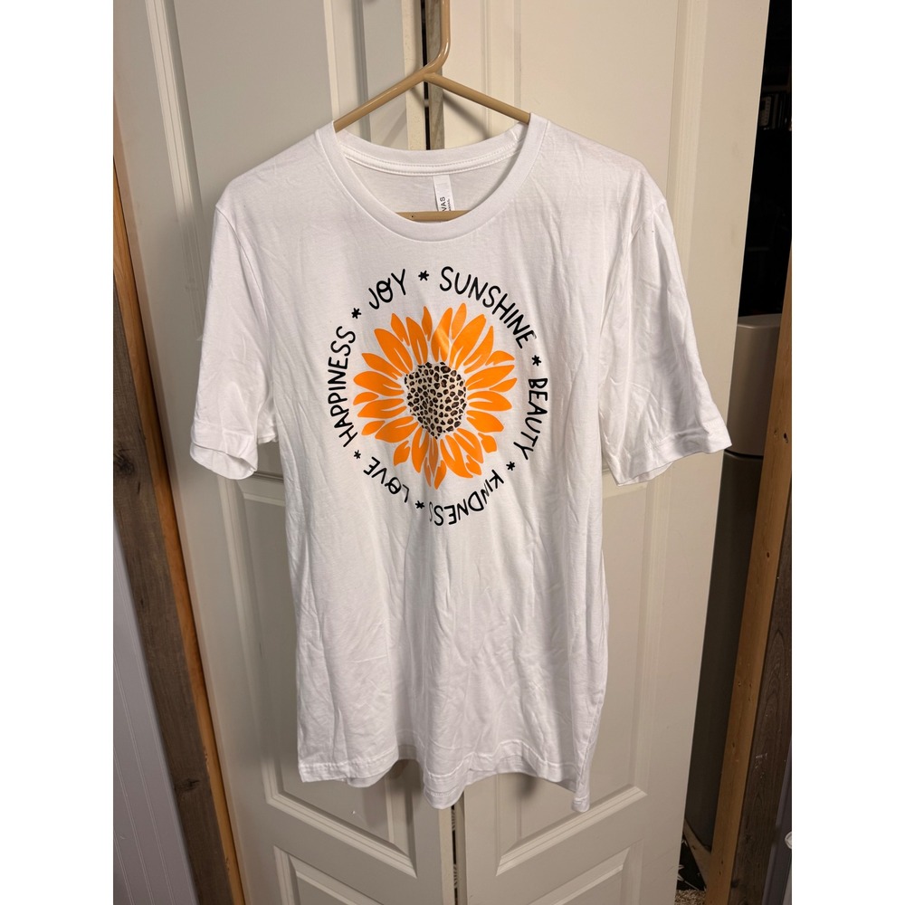 Bella Canvas Sunflower Leopard Graphic Tee White Short Sleeve Shirt Women Large